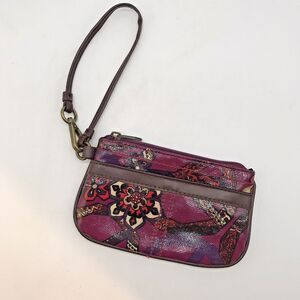 Mudd Magenta Peace Sign Wristlet with Key Fob Pockets Zip Top Mini Purse Bag